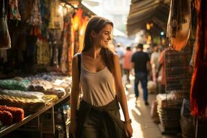 une magnifique femelle touristique explorant une occupé marché, ai généré photo