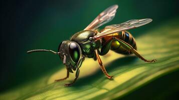 vert mouche sur une feuille génératif ai, ai généré photo