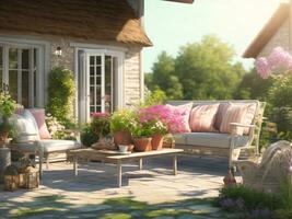 en bois table et chaises et campagne maison patio et terrasse décor avec ai génératif photo