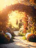 magnifique l'automne arcade décoré avec floral composition en plein air ai génératif photo