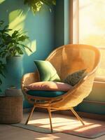 intérieur de une plat dans boho style avec osier chaise et oreillers dans vert pièce ai génératif photo