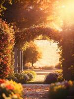 magnifique arcade décoré avec floral composition en plein air dans l'automne saison ai génératif photo