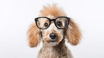 photo de une caniche chien en utilisant lunettes isolé sur blanc Contexte. génératif ai