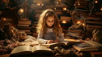 peu fille en train de lire une livre dans le bibliothèque avec l'automne feuilles autour son. génératif ai photo