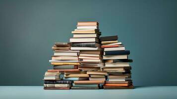 pile de livres sur foncé mur Contexte. retour à école concept. génératif ai photo