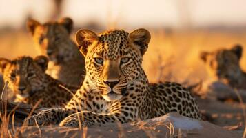 photo de une troupeau de africain léopard repos dans un ouvert zone sur le savane. génératif ai