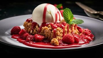 photo de fraise Rhubarbe croustillant comme une plat dans une haut de gamme restaurant. génératif ai