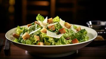 photo de César salade comme une plat dans une haut de gamme restaurant. génératif ai