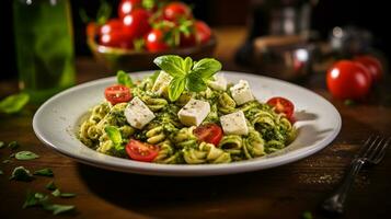 photo de Pesto Pâtes salade comme une plat dans une haut de gamme restaurant. génératif ai