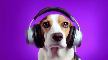 photo de beagle en utilisant casque de musique sur violet Contexte. génératif ai