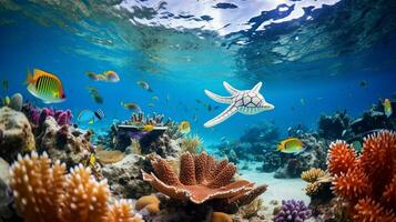 photo de étoile de mer avec divers poisson entre en bonne santé corail récifs dans le bleu océan. génératif ai