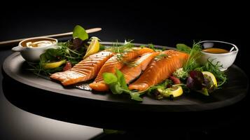 photo de fumé Saumon plat comme une plat dans une haut de gamme restaurant. génératif ai