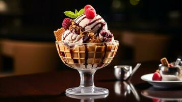 photo de la glace crème sundae comme une plat dans une haut de gamme restaurant. génératif ai