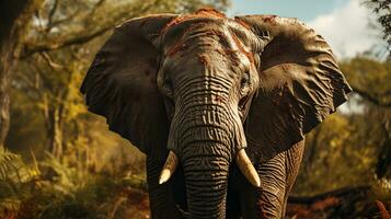 fermer photo de une africain l'éléphant à la recherche tout direction sur jungle. génératif ai