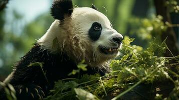 fermer photo de une Panda à la recherche tout direction sur jungle. génératif ai