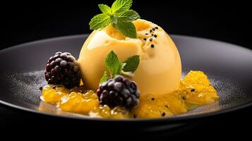 photo de passion fruit sorbet comme une plat dans une haut de gamme restaurant. génératif ai