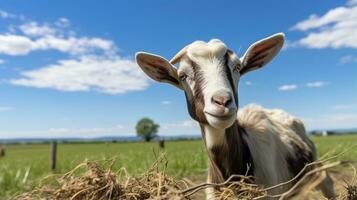 photo de une chèvre dans le les terres agricoles. génératif ai