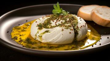 photo de labneh avec za'atar et olive pétrole comme une plat dans une haut de gamme restaurant. génératif ai