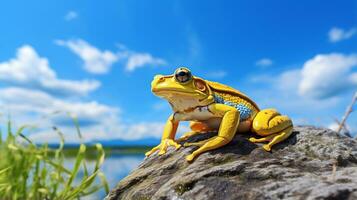 photo de une grenouille en dessous de bleu ciel. génératif ai