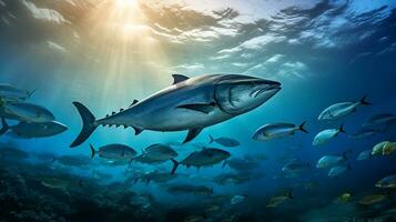 photo de albacore thon avec divers poisson entre en bonne santé corail récifs dans le bleu océan. génératif ai