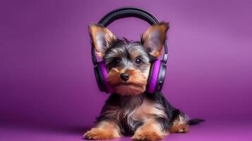 photo de Yorkshire terrier en utilisant casque de musique sur violet Contexte. génératif ai