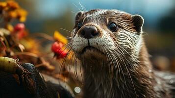 fermer photo de une loutre à la recherche tout direction. génératif ai