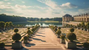 photo de le magnifique jardins de le palais de Versailles, France. génératif ai