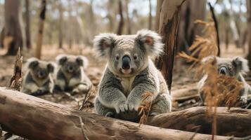photo de une troupeau de koala repos dans un ouvert zone sur le savane. génératif ai