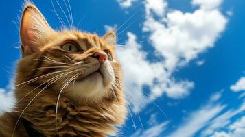 photo de une chat en dessous de bleu ciel. génératif ai
