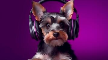 photo de Yorkshire terrier en utilisant casque de musique sur violet Contexte. génératif ai