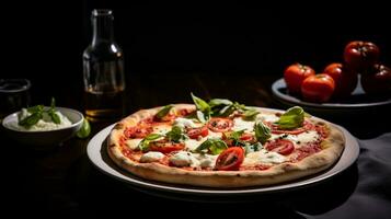 photo de margherita Pizza comme une plat dans une haut de gamme restaurant. génératif ai