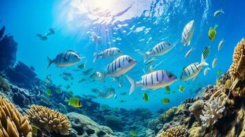 photo de poisson zèbre avec divers poisson entre en bonne santé corail récifs dans le bleu océan. génératif ai