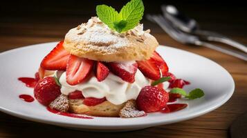 photo de fraise shortcake comme une plat dans une haut de gamme restaurant. génératif ai