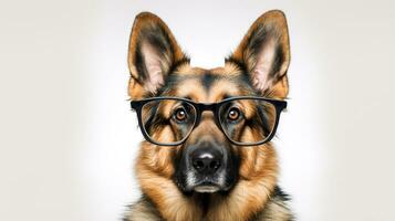 photo de une allemand berger chien en utilisant lunettes isolé sur blanc Contexte. génératif ai