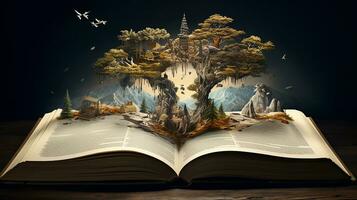 mystique forêt. ouvert livre avec la magie arbre sur foncé Contexte. génératif ai photo