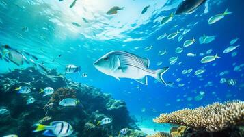 photo de radiographie tétra poisson avec divers poisson entre en bonne santé corail récifs dans le bleu océan. génératif ai