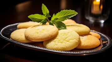 photo de sucre biscuits comme une plat dans une haut de gamme restaurant. génératif ai