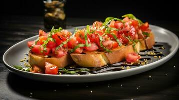 photo de Bruschetta avec Frais tomates comme une plat dans une haut de gamme restaurant. génératif ai