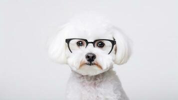 photo de une bichon frise chien en utilisant lunettes isolé sur blanc Contexte. génératif ai