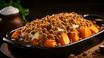 photo de sucré Patate casserole comme une plat dans une haut de gamme restaurant. génératif ai