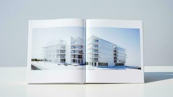 ouvert magazine avec moderne et minimaliste bâtiment et bleu ciel. 3d le rendu. photo