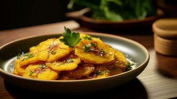 photo de tostones - frit plantains comme une plat dans une haut de gamme restaurant. génératif ai