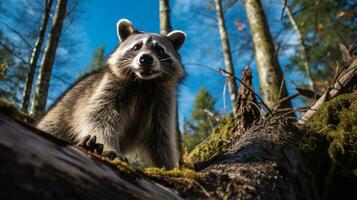 photo de raton laveur dans là forêt avec bleu ciel. génératif ai