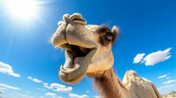 photo de une chameau dans une désert avec bleu ciel. génératif ai