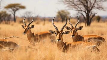 photo de une troupeau de gazelle repos dans un ouvert zone sur le savane. génératif ai