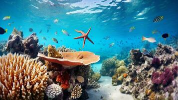 photo de étoile de mer avec divers poisson entre en bonne santé corail récifs dans le bleu océan. génératif ai