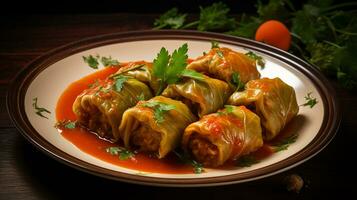 photo de farci chou Rouleaux comme une plat dans une haut de gamme restaurant. génératif ai