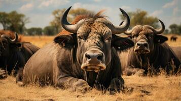 photo de une troupeau de bison repos dans un ouvert zone sur le savane. génératif ai