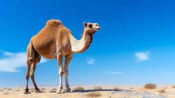 photo de une chameau dans une désert avec bleu ciel. génératif ai