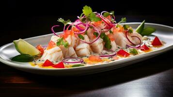 photo de noix de coco Ceviche comme une plat dans une haut de gamme restaurant. génératif ai